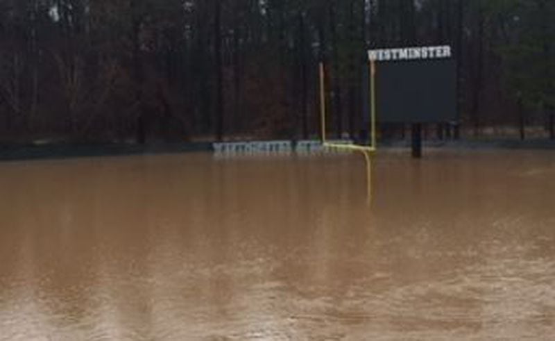  Westminster’s football field was under water Friday after heavy rain in Atlanta. (Photo: Brent McGuire)