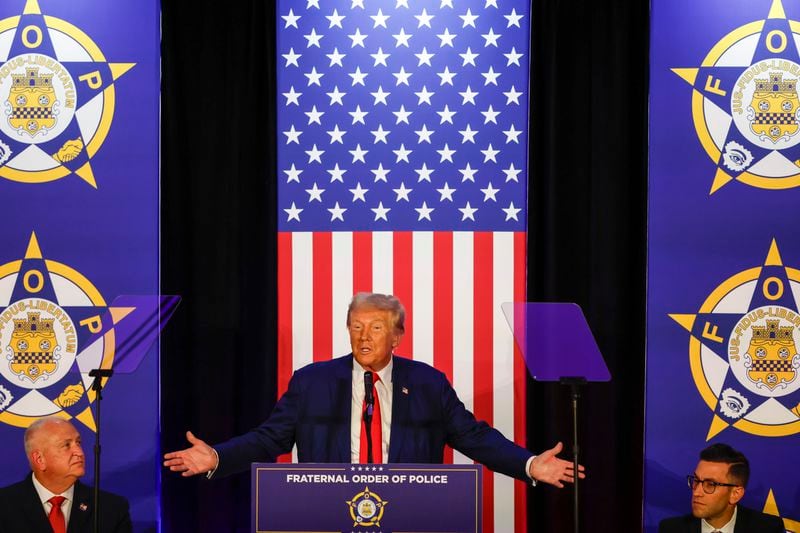 Republican presidential nominee former President Donald Trump speaks to the Fraternal Order of Police in Charlotte, N.C., Friday, Sept. 6, 2024. (AP Photo/Nell Redmond)