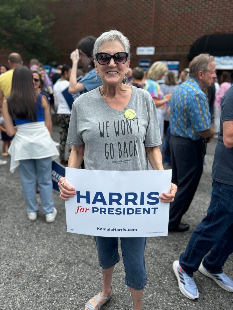 Lynne Nielsen, a retired educator, at a Kamala Harris campaign event in Forsyth County. AJC/Greg Bluestein