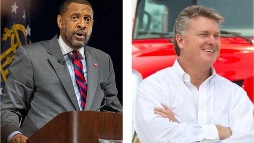 Former President Donald Trump has endorsed Vernon Jones (left) in the Republican primary in Georgia's 10th Congressional District. But the crowded race includes several other candidates, including Mike Collins, who is considered by many to be the front-runner.