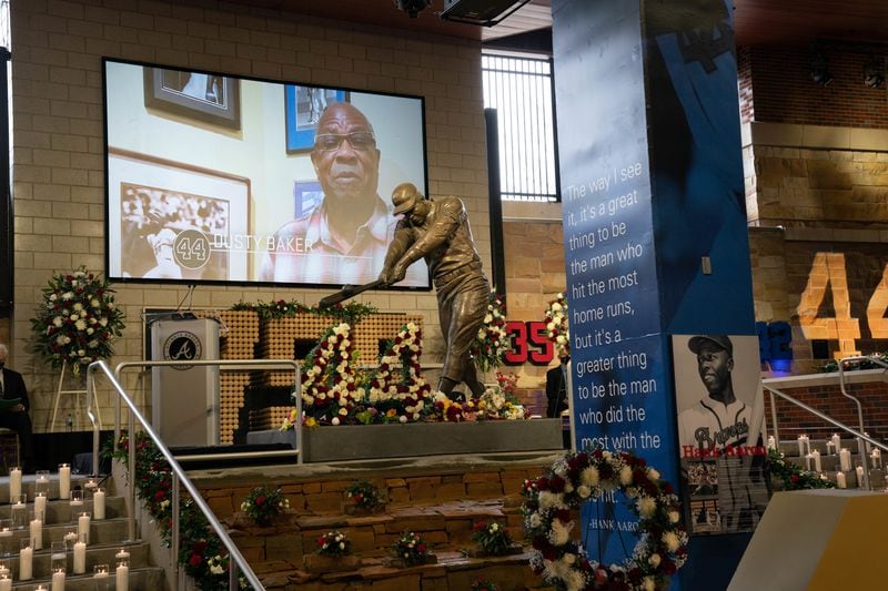 Houston Astros Manager Dusty Baker speaks in a taped video during "A Celebration of Henry Louis Aaron," a memorial service celebrating the life and enduring legacy of the late Hall of Famer and American icon, on Tuesday, Jan. 26, 2021 at Truist Park in Atlanta. Photo by Kevin D. Liles/Atlanta Braves