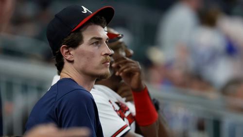 Braves pitcher Max Fried watches Arizona Diamondbacks take the lead during the ninth inning at Truist Park on Tuesday, July 18, 2023, in Atlanta. Braves lost 16-13. Miguel Martinez / miguel.martinezjimenez@ajc.com 