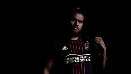 Atlanta United forward Josef Martinez poses in the new 2021 primary kit at Children's Healthcare of Atlanta Training Ground in Marietta on Tuesday January 26, 2021. (Photo by Jacob Gonzalez/Atlanta United)