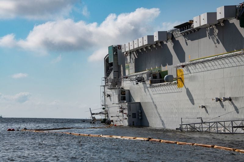 Containment boom placed at the capsized M/V Golden Ray. Unified Command has deployed more than 5,300 feet of protective boom to limit the impact of discharged fuel on sensitive areas.