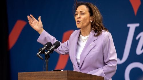 Vice President Kamala Harris speaks at a Juneteenth Block Party campaign event outside her new campaign headquarters in Atlanta on Tuesday, June 18, 2024. (Arvin Temkar / AJC)