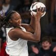 Atlanta Dream center Tina Charles grabs a defensive rebound during the first half against the New York Liberty at the Gateway Center Arena, Thursday, June 6, 2024, in Atlanta. (Jason Getz / AJC)
