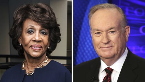 In this combination photo, Rep. Maxine Waters, D-Calif., appears at the Justice on Trial Film Festival on Oct. 20, 2013, in Los Angeles and Fox News personality Bill O’Reilly appears on the set of his show, “The O’Reilly Factor,” on Oct. 1, 2015 in New York. O’Reilly said on March 28, 2017, he had a hard time concentrating on Waters during a speech because he was distracted by her “James Brown wig.” He made the comment during an appearance on “Fox & Friends,” after a clip was shown of Waters speaking in the House of Representatives. AP PHOTOS/RICHARD SHOTWELL, LEFT, AND RICHARD DREW