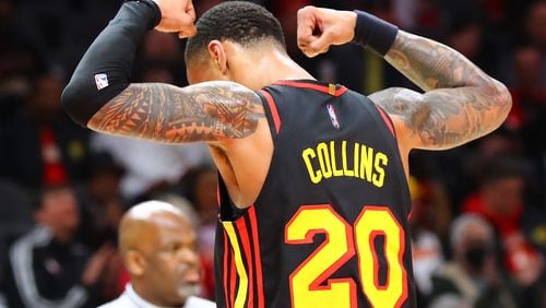 Hawks forward John Collins did “a little moving around” and some 4-on-4 on-court work Thursday. (Curtis Compton / Curtis.Compton@ajc.com)