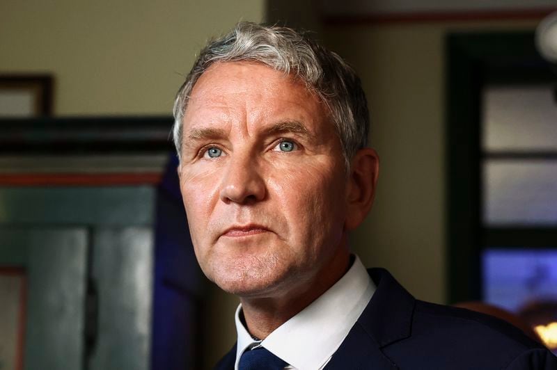 Thuringia right-wing Alternative for Germany (AfD) party leader Bjoern Hoecke reacts after first exit polls of the Brandenburg state election, in Potsdam, Germany, Sunday, Sept. 22, 2024. (Liesa Johannssen/Pool Photo via AP)