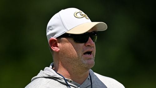 Georgia Tech coach Brent Key watches during a training camp at Georgia Tech’s Rose Bowl Field, Tuesday, August 1, 2023, in Atlanta. (Hyosub Shin / Hyosub.Shin@ajc.com)