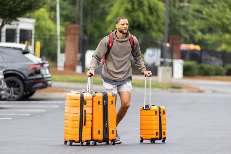 Falcons wide receiver Austin Mack arrived for training camp at the Falcons’ headquarters in Flowery Branch on Wednesday.