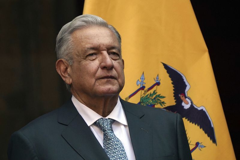 FILE - Mexican President Andrés Manuel López Obrado attends the welcoming ceremony for Ecuador's President Guillermo Lasso at the National Palace in Mexico City, Thursday, Nov. 24, 2022. ( AP Photo/Marco Ugarte, File)