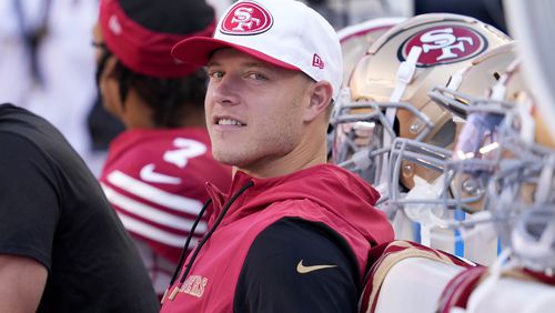 FILE - San Francisco 49ers running back Christian McCaffrey before a preseason NFL football game against the New Orleans Saints in Santa Clara, Calif., Aug. 18, 2024. (AP Photo/Godofredo A. Vásquez, File)