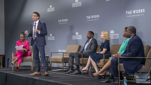 Atlanta mayoral candidate Antonio Brown speaks during a forum at The Works in Atlanta’s Underwood Hills community in July. (Alyssa Pointer/Atlanta Journal Constitution)