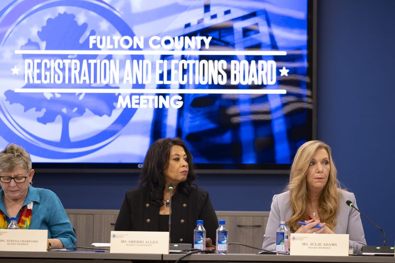 Fulton County Registration and Elections Board Chairperson Sherri Allen, left, and member Julie Adams, who is one of at least 19 election board members across nine Georgia counties who have objected to certifying an election over the past four years, according to an AJC survey.