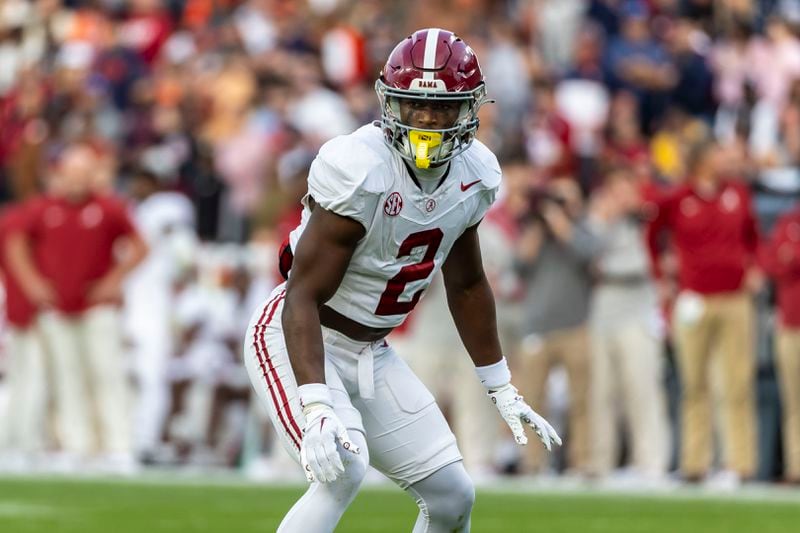 FILE - Then-Alabama defensive back Caleb Downs (2) sets up for a play against Auburn during the first half of an NCAA college football game, Saturday, Nov. 25, 2023, in Auburn, Ala. (AP Photo/Vasha Hunt, File, File)