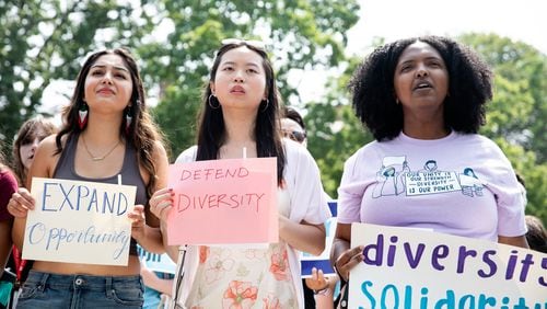 Students at Harvard University protest the Supreme Court’s ruling striking down affirmative action, in Cambridge, Mass., July 1, 2023. (Kayana Szymczak/The New York Times)