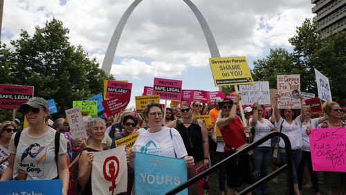 FILE - Abortion-rights supporters take part in a protest, May 30, 2019, in St. Louis. (AP Photo/Jeff Roberson, File)