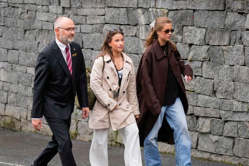 Daughters of Norway's Princess Martha Louise, Leah Isadora Behn and Emma Tallulah arrive in Geiranger, Norway, Friday Aug. 30, 2024, for the wedding celebration of Princess Martha Louise and Durek Verret on Saturday. (Heiko Junge/NTB via AP)