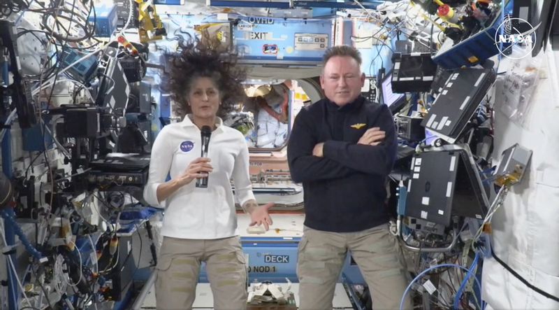 This image made from a NASA live stream shows NASA astronauts Suni Williams and Butch Wilmore during a press conference from the International Space Station on Friday, Sept. 13, 2024. (NASA via AP)