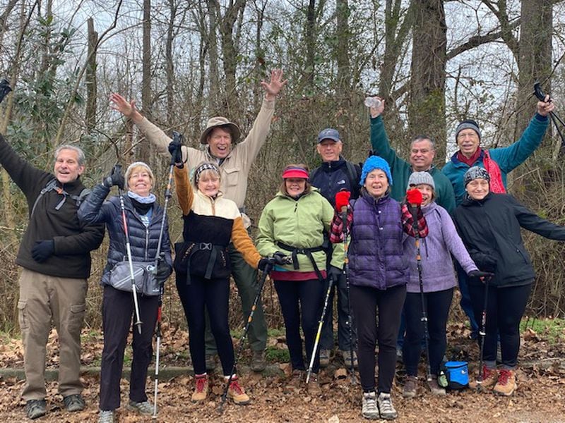 Members of a recent trail walking expedition, one of many which David Bohanon, fourth from left, has led in and around Atlanta.