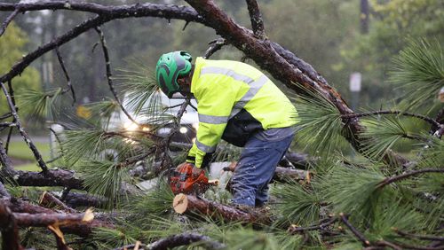 Clean-up crews are working to clear storm debris, including pine trees, in a neighborhood on the north side of Valdosta in the wake of Tropical Storm Debby on Monday, August 5, 2024.
(Miguel Martinez / AJC)