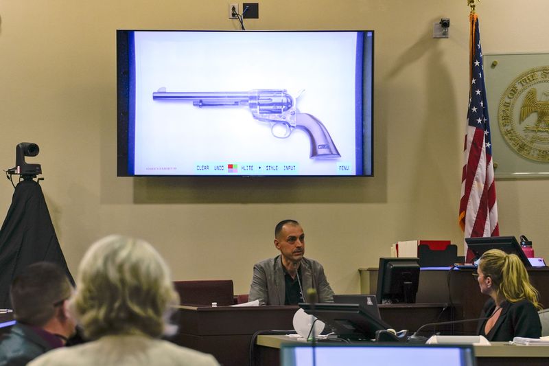 Firearms expert Alessandro Pietta testifies during actor Alec Baldwin's trial, Thursday, July 11, 2024, in Santa Fe, N.M. Baldwin is charged with involuntary manslaughter in the 2021 fatal shooting of cinematographer Halyna Hutchins during filming of the Western movie "Rust". (Ramsay de Give/Pool Photo via AP)