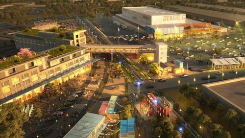 A conceptual drawing shows how part of the former General Motors plant in Doraville might be redeveloped, with movie studios, condos and businesses on the site. Credit: Integral Group