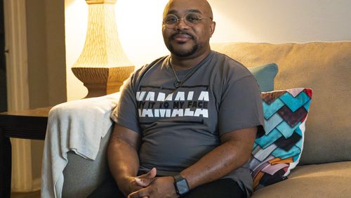 Randall Eichelberger, a flight attendant and resident of Clayton, poses for a portrait at his home on Sept. 30, 2024. As a voter, Eichelberger says abortion is his top priority in this election. Additionally, he is concerned about the economy, citing rising costs that forced him to sell his car due to unaffordable insurance rates. (Olivia Bowdoin for the AJC).