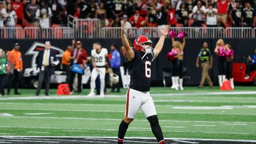 Atlanta Falcons Younghoe Koo reacts after kicking the game-winning 58-yard field goal with seconds left in the second half against the New Orleans Saints on Sunday, Sept. 29, at Mercedes-Benz Stadium in Atlanta. 
(Miguel Martinez/ AJC)