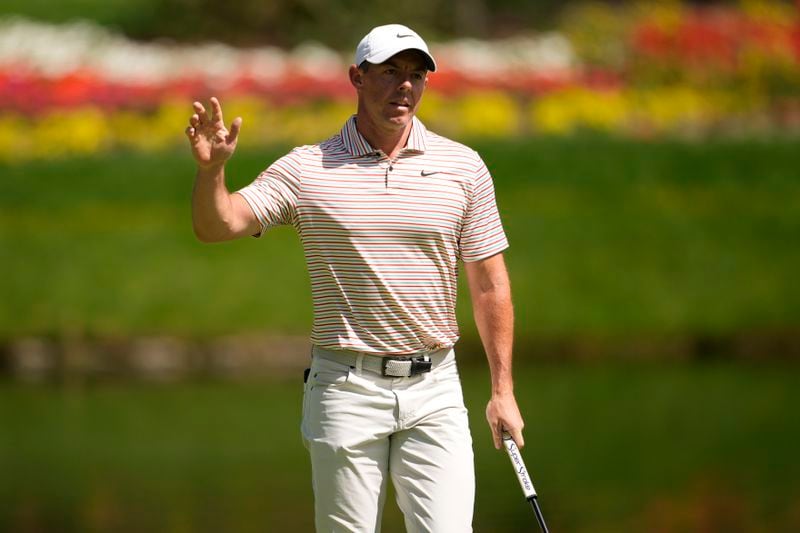 Rory McIlroy, of Northern Ireland, waves on the 14th green during the first round of the BMW Championship golf event at Castle Pines Golf Club, Thursday, Aug. 22, 2024, in Castle Rock, Colo. (AP Photo/Matt York)