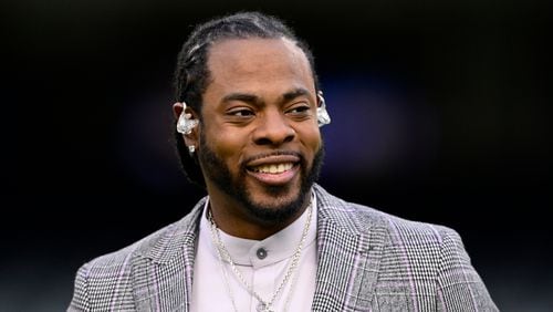 Former NFL player and Thursday Night Football broadcaster Richard Sherman looks on before a game between the Chicago Bears and the Washington Commanders at Soldier Field on Oct. 13, 2022, in Chicago. (Quinn Harris/Getty Images/TNS)