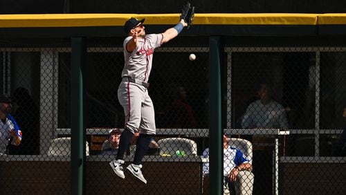 Atlanta Braves right fielder Adam Duvall can't catch a double off the bat of Andrew Vaughn of the Chicago White Sox in the sixth inning at Guaranteed Rate Field on Thursday, June 27, 2024, in Chicago. (Quinn Harris/Getty Images/TNS)