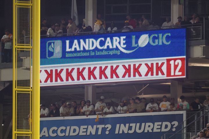 San Diego Padres pitcher Michael King (34) is recognized after 12 strikeouts through the seventh inning of National League Division Series Wild Card Game One at Petco Park in San Diego on Tuesday, Oct. 1, 2024.   (Jason Getz / Jason.Getz@ajc.com)