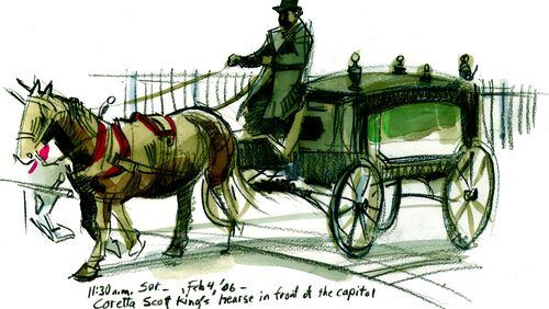 A sketch of the hearse for Coretta Scott King made on Feb. 4, 2006, several days before her funeral, by AJC artist Walter Cumming, who covered the event live with his sketchbook.