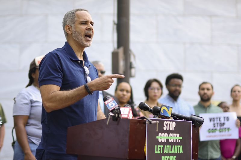 Kamau Franklin speaks as a part of the ‘Vote to Stop Cop City’ coalition during a press conference to launch a referendum campaign to put Cop City on the ballot outside of Atlanta City Hall, Wednesday, June 7, 2023, in Atlanta. (Jason Getz / Jason.Getz@ajc.com)