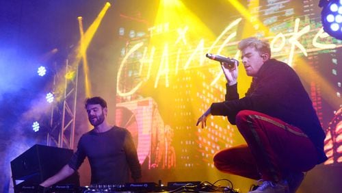 MINNEAPOLIS, MN - FEBRUARY 03:  Alex Pall (L) and Andrew Taggart of The Chainsmokers perform onstage at the Fanatics Super Bowl Party on February 3, 2018 in Minneapolis, Minnesota.  (Photo by Daniel Boczarski/Getty Images for Fanatics)