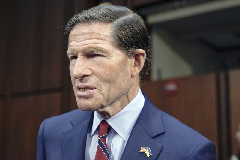 Sen. Richard Blumenthal, D-Conn., talks with reporters after a Senate Homeland Security Subcommittee on Investigations hearing on Capitol Hill Tuesday, June 18, 2024, in Washington. (AP Photo/Mariam Zuhaib)