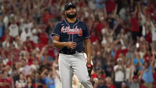 Atlanta Braves relief pitcher Kenley Jansen reacts after giving up a bases-loading walk to St. Louis Cardinals' Tyler O'Neill, scoring Paul Goldschmidt to give the Cardinals a 6-5 victory in a baseball game Saturday, Aug. 27, 2022, in St. Louis. (AP Photo/Jeff Roberson)