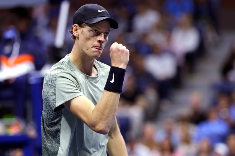 Jannik Sinner, of Italy, pumps his fist after winning a point against Daniil Medvedev, of Russia, during the quarterfinals of the U.S. Open tennis championships, Wednesday, Sept. 4, 2024, in New York. (AP Photo/Adam Hunger)