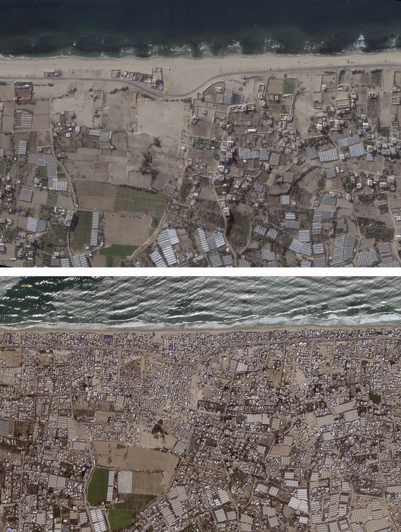 This satellite photo combination from Planet Labs shows Al-Mawasi, a Palestinian town on the southern coast of the Gaza Strip that Israel calls a "humanitarian zone", in May 2023. top, and with tent camps Aug. 2024, below. (Planet Labs via AP)