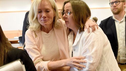 Alexandra Eckersley, right, leaves the courtroom sobbing with her mother, Nancy, after the jury gave the verdict in her trial at Hillsborough County Superior Court in Manchester, N.H., on Friday, Aug. 2, 2024. Jurors found 27-year-old Eckersley guilty of reckless conduct, endangering the welfare of a child and falsifying physical evidence, but not guilty of two assault charges. She will be sentenced at a later date. (David Lane/Union Leader via AP, Pool)