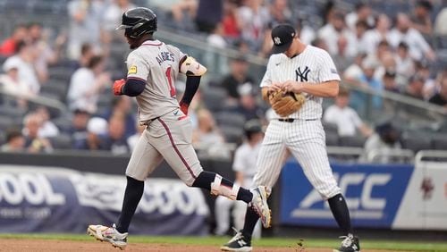 Atlanta Braves' Ozzie Albies (1) runs the bases after hitting a two-run home run against the New York Yankees during the first inning of a baseball game Friday, June 21, 2024, in New York. (AP Photo/Frank Franklin II)