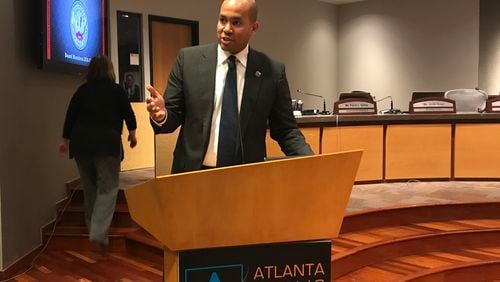 Newly named Atlanta Board of Education chairman Jason Esteves addresses the audience at the board's first meeting of its term on Monday, Jan. 8 .