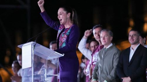 FILE - Ruling party presidential candidate Claudia Sheinbaum addresses supporters at the Zocalo, Mexico City's main square, after the National Electoral Institute announced she held an irreversible lead in the election, June 3, 2024. (AP Photo/Marco Ugarte, File)