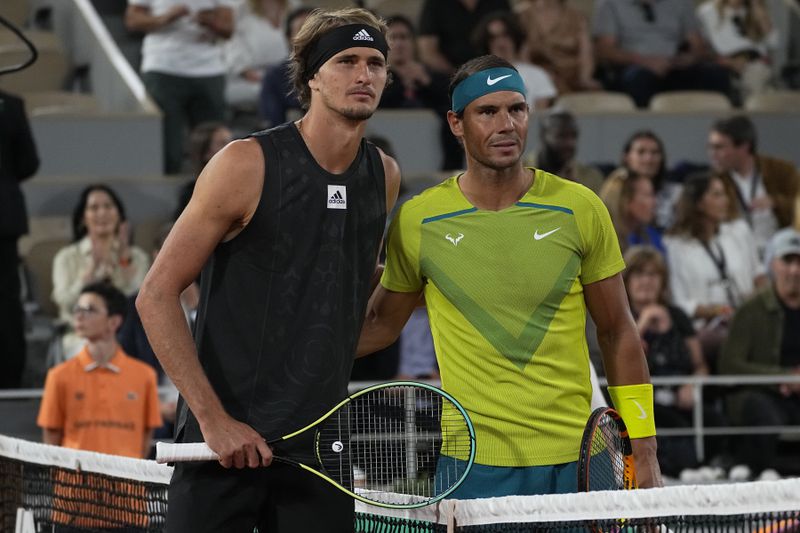 FILE - Spain's Rafael Nadal, right, and Germany's Alexander Zverev pose before their semifinal of the French Open tennis tournament at the Roland Garros stadium Friday, June 3, 2022 in Paris. Plenty of folks have vivid recollections of seeing Nadal display his relentless excellence on a tennis court. That includes the many players who have been on the other side of the net for at least one of his 1,299 professional matches.(AP Photo/Michel Euler, File)