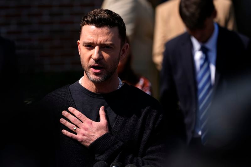 Justin Timberlake speaks to the press after a court hearing, Friday, Sept. 13, 2024, in Sag Harbor, N.Y. (AP Photo/Pamela Smith)