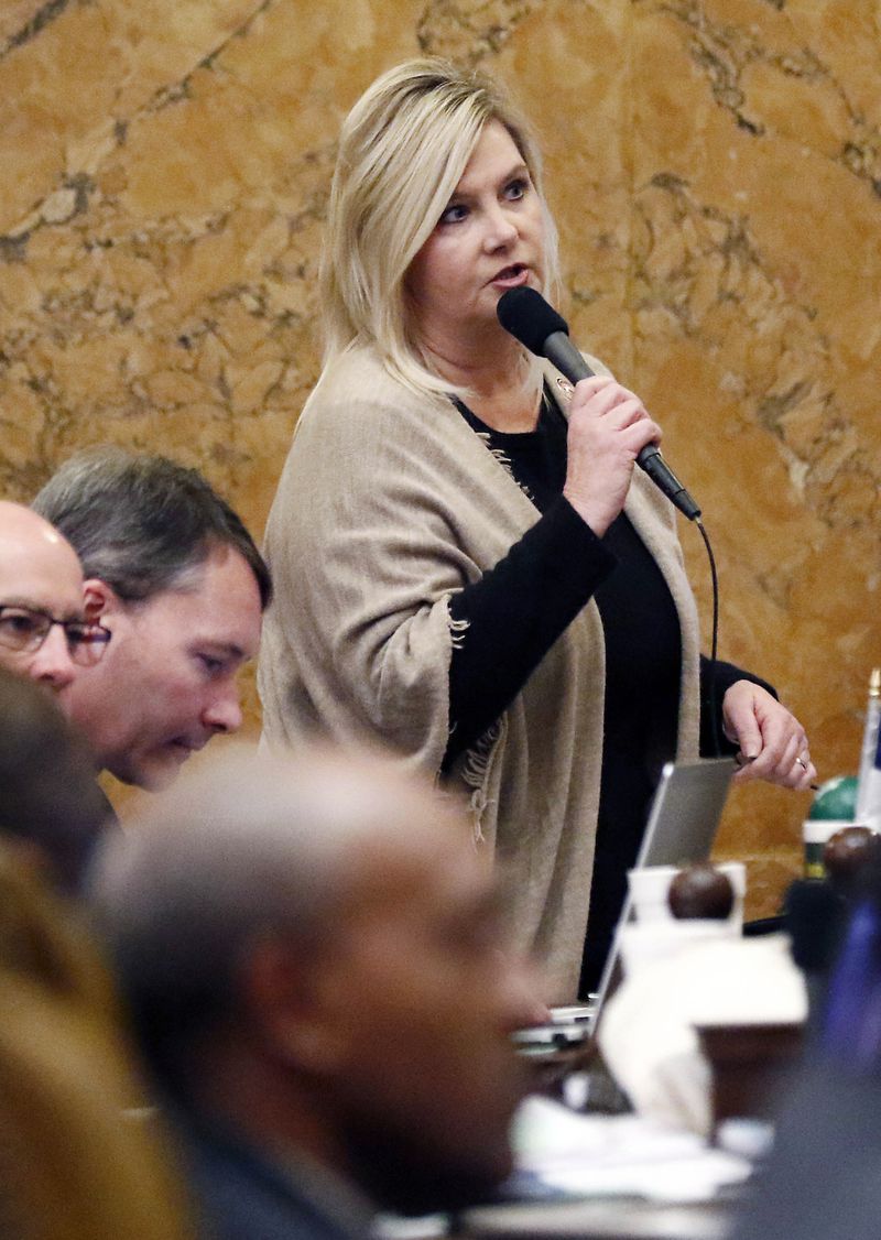 FILE -Rep. Stacey Hobgood Wilkes, R-Picayune, asks a question from the flood of the House Chamber, Thursday, March 7, 2019, at the Capitol in Jackson, Miss. (AP Photo/Rogelio V. Solis, File)