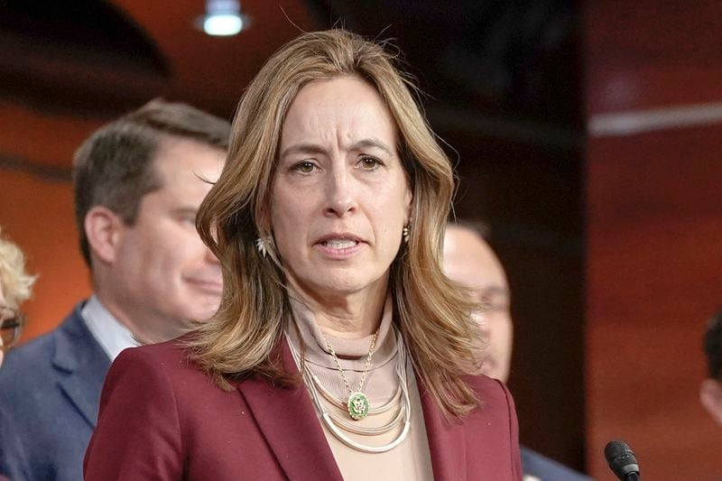 FILE - Rep. Mikie Sherrill, D-N.J., speaks during a news conference on Capitol Hill, Feb. 13, 2024, in Washington. (AP Photo/Mariam Zuhaib, File)