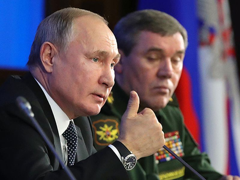 Russian President Vladimir Putin speaks Dec. 24 during an annual meeting with top military officials in the National Defense Control Center in Moscow. Putin said during the meeting that Russia is the only country in the world that has hypersonic weapons.